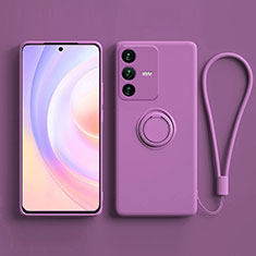 Ultra-thin Silicone Gel Soft Case Cover with Magnetic Finger Ring Stand S03 for Vivo V23 5G Purple