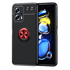 Ultra-thin Silicone Gel Soft Case Cover with Magnetic Finger Ring Stand SD1 for Xiaomi Redmi Note 11T Pro 5G Red and Black