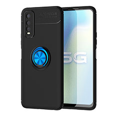 Ultra-thin Silicone Gel Soft Case Cover with Magnetic Finger Ring Stand SD2 for Vivo Y70t 5G Blue and Black