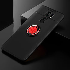 Ultra-thin Silicone Gel Soft Case Cover with Magnetic Finger Ring Stand SD2 for Xiaomi Redmi 9 Prime India Red and Black