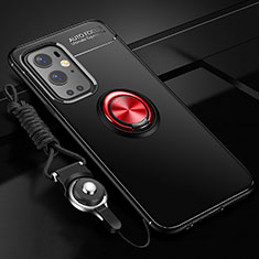 Ultra-thin Silicone Gel Soft Case Cover with Magnetic Finger Ring Stand SD3 for OnePlus 9 Pro 5G Red and Black