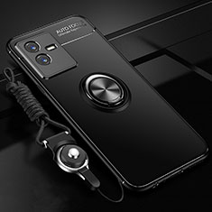 Ultra-thin Silicone Gel Soft Case Cover with Magnetic Finger Ring Stand SD3 for Vivo iQOO Z6x Black