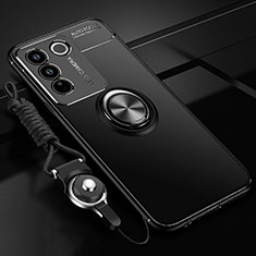 Ultra-thin Silicone Gel Soft Case Cover with Magnetic Finger Ring Stand SD3 for Vivo V27 5G Black