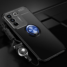 Ultra-thin Silicone Gel Soft Case Cover with Magnetic Finger Ring Stand SD3 for Vivo V27e 5G Blue and Black