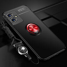 Ultra-thin Silicone Gel Soft Case Cover with Magnetic Finger Ring Stand SD3 for Vivo Y55s 5G Red and Black