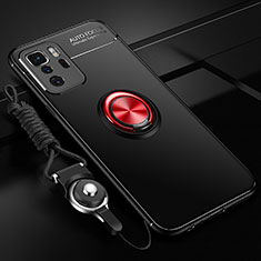 Ultra-thin Silicone Gel Soft Case Cover with Magnetic Finger Ring Stand SD3 for Xiaomi Redmi Note 10 Pro 5G Red and Black