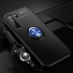 Ultra-thin Silicone Gel Soft Case Cover with Magnetic Finger Ring Stand T01 for Huawei Nova 7 SE 5G Blue and Black