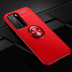 Ultra-thin Silicone Gel Soft Case Cover with Magnetic Finger Ring Stand T01 for Huawei P40 Pro Red