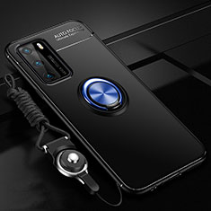 Ultra-thin Silicone Gel Soft Case Cover with Magnetic Finger Ring Stand T02 for Huawei P40 Blue and Black