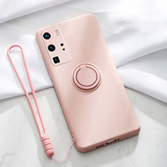 Ultra-thin Silicone Gel Soft Case Cover with Magnetic Finger Ring Stand T02 for Huawei P40 Pro Pink