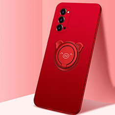 Ultra-thin Silicone Gel Soft Case Cover with Magnetic Finger Ring Stand T02 for Oppo Reno4 5G Red