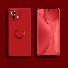 Ultra-thin Silicone Gel Soft Case Cover with Magnetic Finger Ring Stand T02 for Xiaomi Mi 11 Lite 5G Red