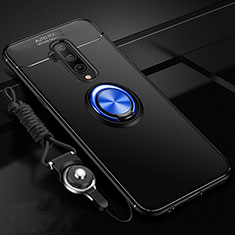 Ultra-thin Silicone Gel Soft Case Cover with Magnetic Finger Ring Stand T03 for OnePlus 7T Pro Blue and Black