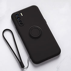 Ultra-thin Silicone Gel Soft Case Cover with Magnetic Finger Ring Stand T03 for Oppo Reno3 Black