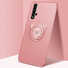 Ultra-thin Silicone Gel Soft Case Cover with Magnetic Finger Ring Stand T04 for Huawei Honor 20S Pink