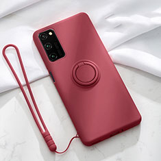 Ultra-thin Silicone Gel Soft Case Cover with Magnetic Finger Ring Stand T04 for Huawei Honor V30 5G Red Wine