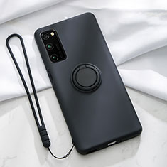 Ultra-thin Silicone Gel Soft Case Cover with Magnetic Finger Ring Stand T04 for Huawei Honor V30 Pro 5G Black
