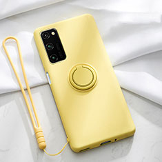 Ultra-thin Silicone Gel Soft Case Cover with Magnetic Finger Ring Stand T04 for Huawei Honor V30 Pro 5G Yellow