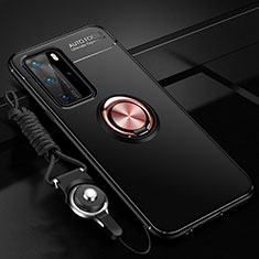 Ultra-thin Silicone Gel Soft Case Cover with Magnetic Finger Ring Stand T04 for Huawei P40 Pro Gold and Black