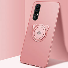 Ultra-thin Silicone Gel Soft Case Cover with Magnetic Finger Ring Stand T04 for Oppo Reno3 Pro Rose Gold