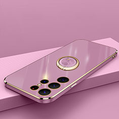 Ultra-thin Silicone Gel Soft Case Cover with Magnetic Finger Ring Stand T04 for Samsung Galaxy S24 Ultra 5G Purple