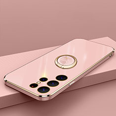 Ultra-thin Silicone Gel Soft Case Cover with Magnetic Finger Ring Stand T04 for Samsung Galaxy S24 Ultra 5G Rose Gold