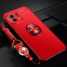 Ultra-thin Silicone Gel Soft Case Cover with Magnetic Finger Ring Stand T05 for Xiaomi Mi 11 5G Red