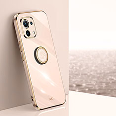 Ultra-thin Silicone Gel Soft Case Cover with Magnetic Finger Ring Stand T07 for Xiaomi Mi 11 Lite 5G Gold