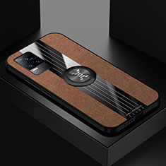 Ultra-thin Silicone Gel Soft Case Cover with Magnetic Finger Ring Stand X01L for Vivo V21e 4G Brown