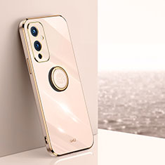 Ultra-thin Silicone Gel Soft Case Cover with Magnetic Finger Ring Stand XL1 for OnePlus 9 5G Rose Gold