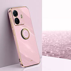 Ultra-thin Silicone Gel Soft Case Cover with Magnetic Finger Ring Stand XL1 for Vivo iQOO Z6 Pro 5G Pink