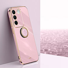 Ultra-thin Silicone Gel Soft Case Cover with Magnetic Finger Ring Stand XL1 for Vivo V27e 5G Pink