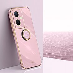 Ultra-thin Silicone Gel Soft Case Cover with Magnetic Finger Ring Stand XL1 for Vivo V29 Lite 5G Pink