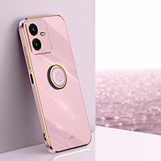 Ultra-thin Silicone Gel Soft Case Cover with Magnetic Finger Ring Stand XL1 for Vivo Y22 Pink