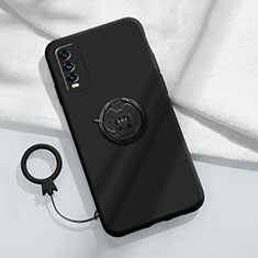 Ultra-thin Silicone Gel Soft Case Cover with Magnetic Finger Ring Stand YK1 for Vivo Y12G Black