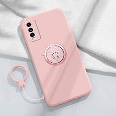 Ultra-thin Silicone Gel Soft Case Cover with Magnetic Finger Ring Stand YK1 for Vivo Y12G Pink