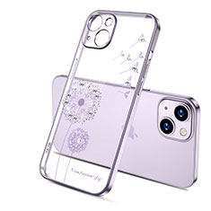 Ultra-thin Transparent Flowers Soft Case Cover for Apple iPhone 15 Plus Purple