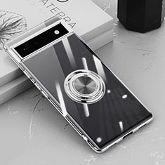 Ultra-thin Transparent TPU Soft Case Cover with Magnetic Finger Ring Stand AN1 for Google Pixel 6a 5G Silver