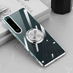 Ultra-thin Transparent TPU Soft Case Cover with Magnetic Finger Ring Stand for Sony Xperia 5 III SO-53B Silver