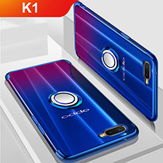 Ultra-thin Transparent TPU Soft Case Cover with Magnetic Finger Ring Stand S01 for Oppo K1 Blue