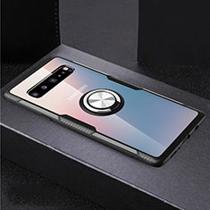 Ultra-thin Transparent TPU Soft Case Cover with Magnetic Finger Ring Stand S01 for Samsung Galaxy S10 5G SM-G977B Silver and Black