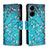 Leather Case Stands Fashionable Pattern Flip Cover Holder B04F for Xiaomi Poco C65 Cyan