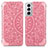 Leather Case Stands Fashionable Pattern Flip Cover Holder for Samsung Galaxy S21 FE 5G Rose Gold
