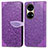 Leather Case Stands Fashionable Pattern Flip Cover Holder S04D for Huawei P50 Pro Purple