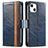 Leather Case Stands Flip Cover F03 Holder for Apple iPhone 15 Blue