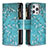 Leather Case Stands Flip Flowers Cover Holder for Apple iPhone 14 Pro Max Cyan