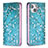 Leather Case Stands Flip Flowers Cover Holder for Apple iPhone 15 Plus Cyan