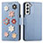 Leather Case Stands Flip Flowers Cover Holder S04D for Samsung Galaxy S21 5G Blue