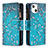 Leather Case Stands Flip Flowers Cover L03 Holder for Apple iPhone 13 Mini Cyan