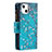 Leather Case Stands Flip Flowers Cover L03 Holder for Apple iPhone 14 Plus Cyan